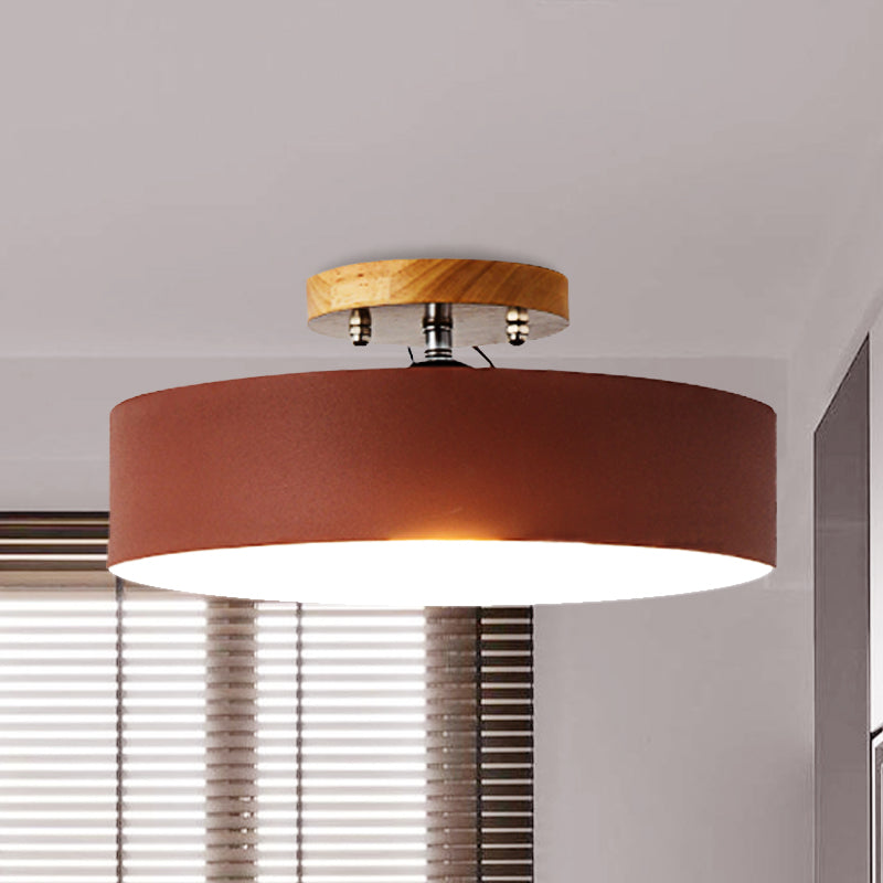 Drum Semi Mount Lighting Modernist Metal 1 Light 12" W Gray/White/Red/Pink Ceiling Mounted Fixture for Living Room