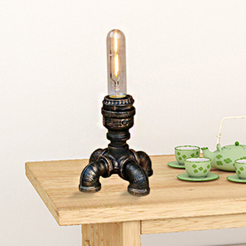 Steampunk Piped Table Lamp with Open Bulb Design 1 Head Metal Standing Table Light in Antique Bronze