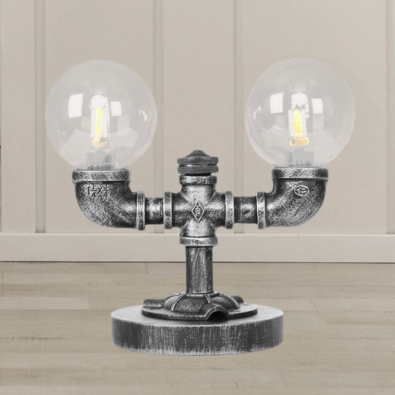 Tarea de sombra redonda de vidrio transparente/ámbar iluminación vintage estilo 2 luces lámpara de escritorio de cafetería en plata antigua/bronce