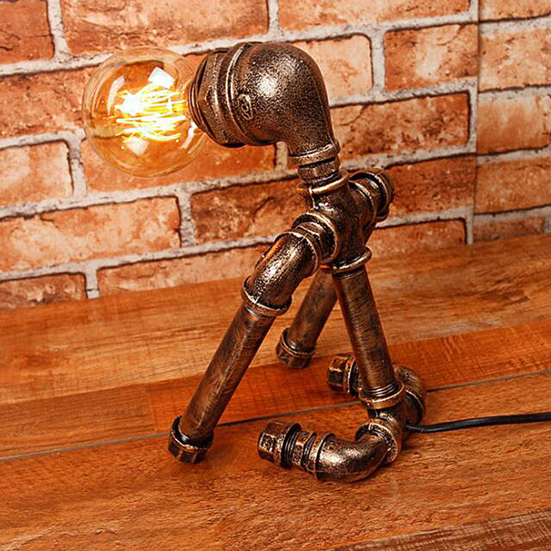 Standing/Sitting Robot Metallic Table Light with Pipe Industrial Stylish 1 Bulb Coffee Shop Table Lamp in Bronze