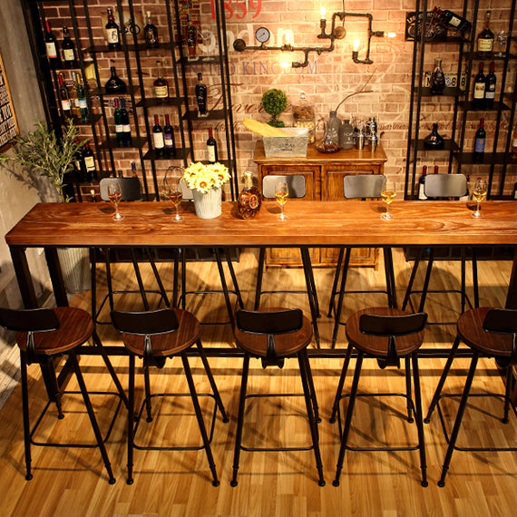 Dark Brown Modern Style Bar Table Solid Wood and Iron Coffee Shop Bar Table