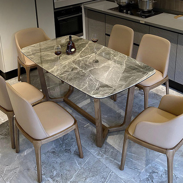 Table de salle à manger avec plateau en pierre, table rectangulaire en bois avec base à tréteaux