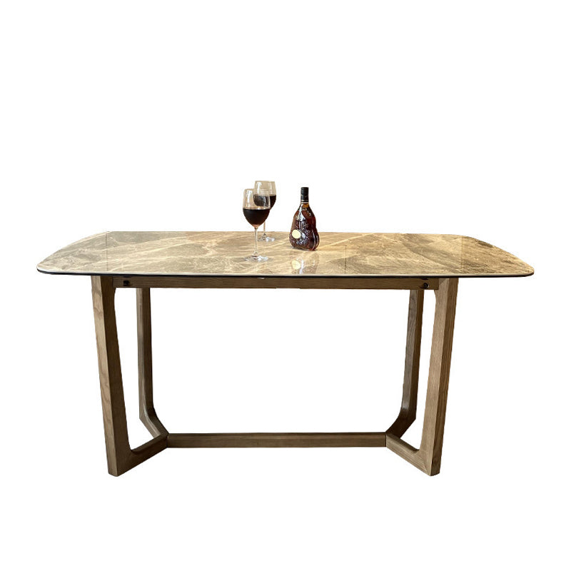 Table de salle à manger avec plateau en pierre, table rectangulaire en bois avec base à tréteaux