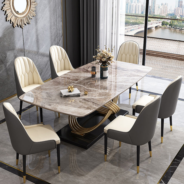 Stone Top Dining Table Modern Rectangle Dining Table with Gold Pedestal Base