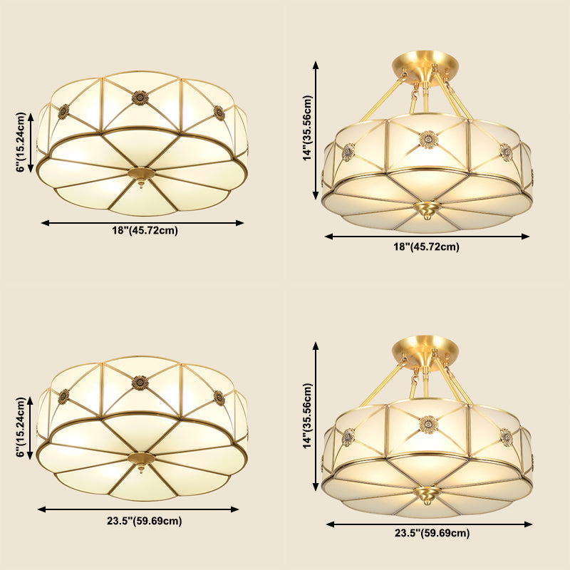 Gold Copper Ceiling Light Fixtures Traditional Drum Ceiling Mounted Lamp with Glass Shade