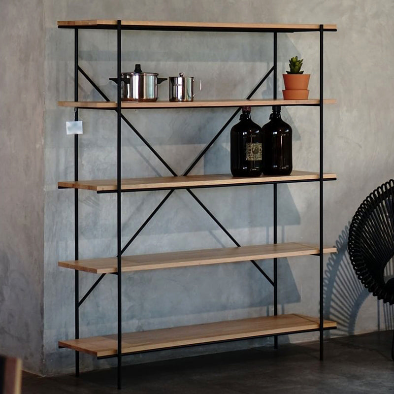 Industriële open etagere boekenplank van 5 plank met ijzeren frame dennenhoutplank