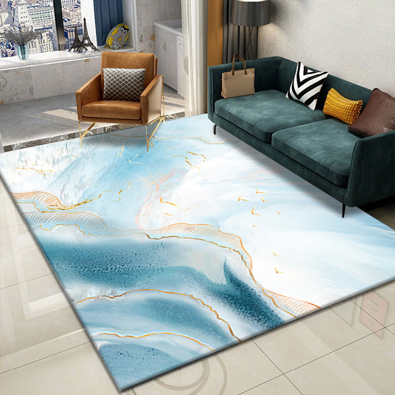 Tapis graphique bleu clair Polyester tapis lavable simple pour la décoration intérieure