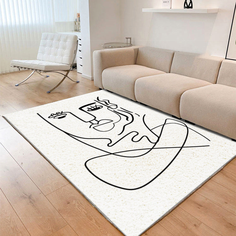 White Abstract Face Rug Polyester Casual Rug Non-Slip Backing Rug for Living Room