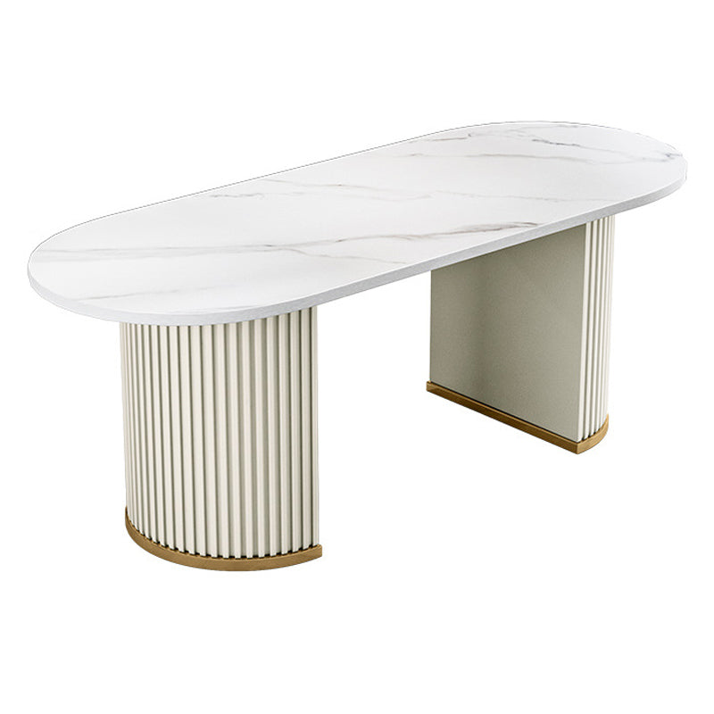 Stone White Top Dining Table Modern Dining Table with Double Pedestal Base