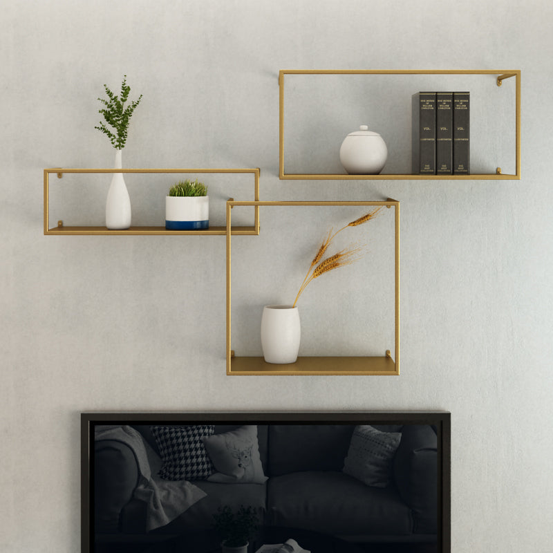 Iron Closed Back Bookshelf Gold and Black Industrial Wall Unit Bookshelf