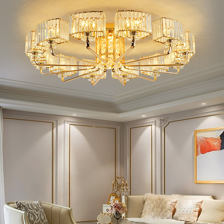 Moderne Metall-Halbblüte-Lampen-Golddecke mit Rechteckkristallschatten mehrköpfiger Kopf