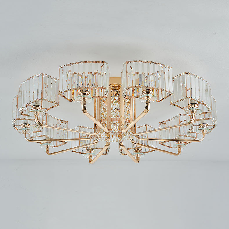 Moderne Metall-Halbblüte-Lampen-Golddecke mit Rechteckkristallschatten mehrköpfiger Kopf