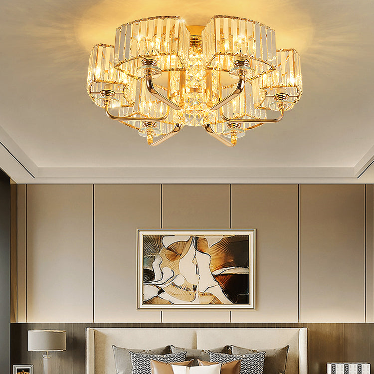 Moderne Metall-Halbblüte-Lampen-Golddecke mit Rechteckkristallschatten mehrköpfiger Kopf