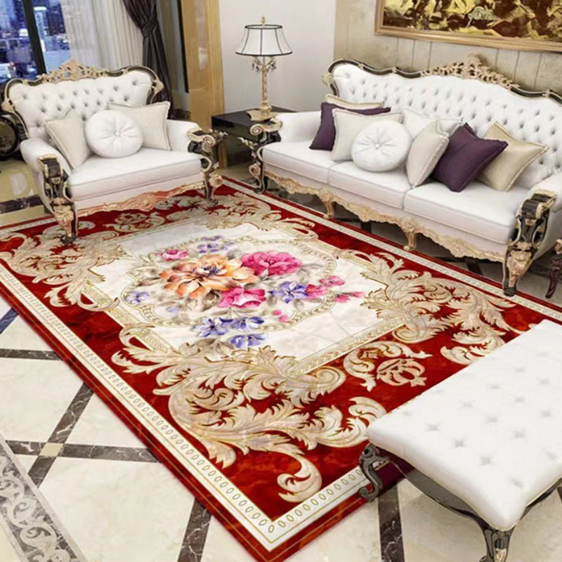 Wine Red Graphic Rug Polyester Retro Rug Stain Resistant Rug for Home Decor