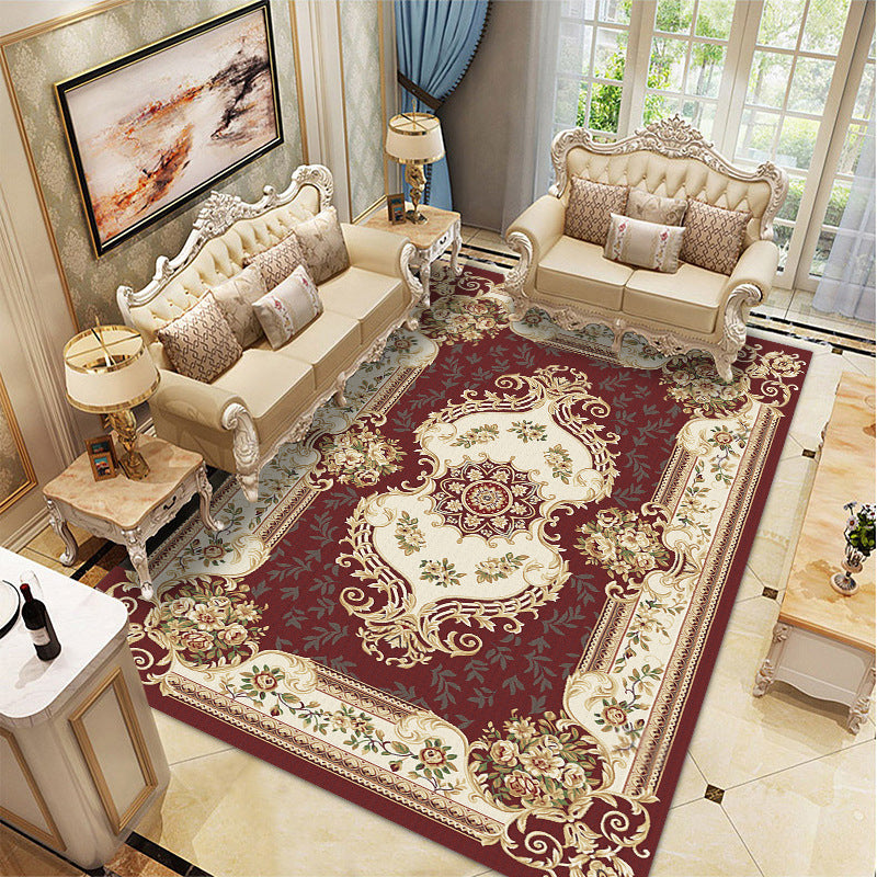Wine Red Vintage Rug Polyester Medallion Rug Washable Rug for Drawing Room
