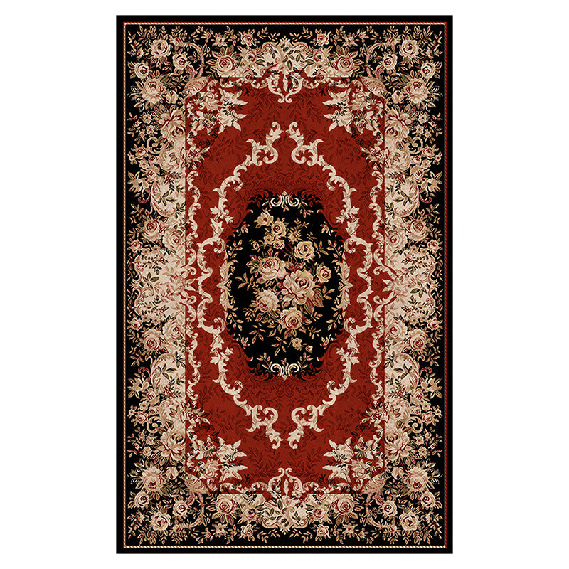 Wine Red Vintage Rug Polyester Medallion Rug Washable Rug for Drawing Room