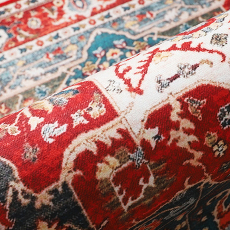 Wine Red Vintage Rug Polyester Medallion Rug Washable Rug for Drawing Room