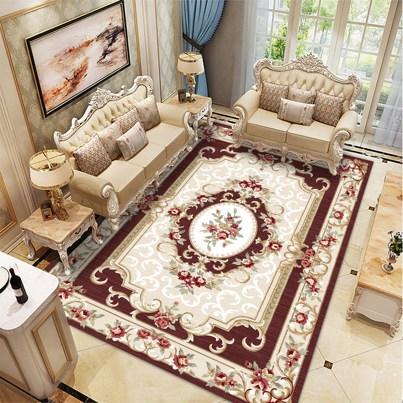 Wine Red Vintage Rug Polyester Medallion Rug Washable Rug for Drawing Room