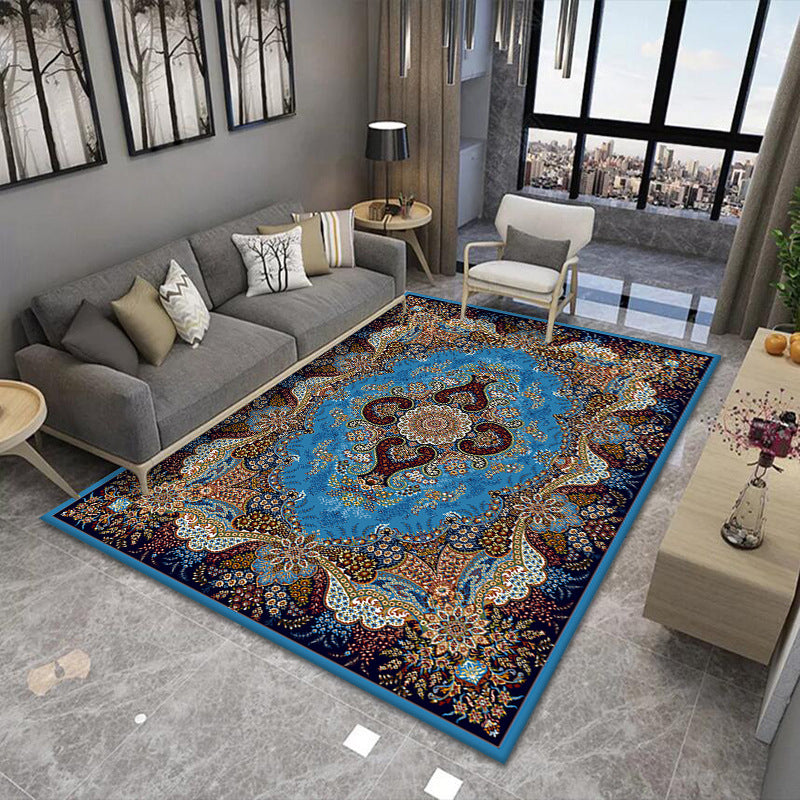 Dark Red Medallion Rug Polyester Retro Rug Non-Slip Backing Rug for Drawing Room