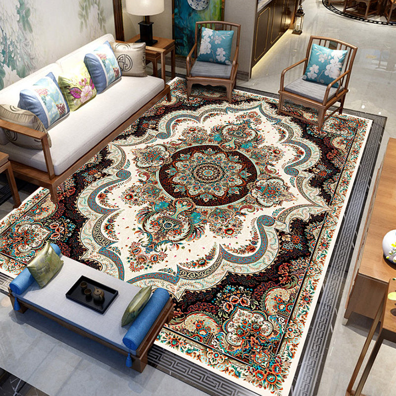 Dark Red Medallion Rug Polyester Retro Rug Non-Slip Backing Rug for Drawing Room