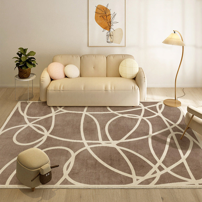 Dark Beige Irregular Line Rug Polyester Modern Rug Non-Slip Backing Rug for Drawing Room