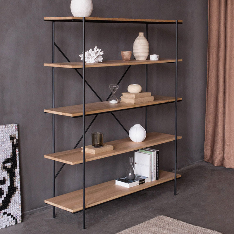 Industriële open etagere boekenplank van 5 plank met ijzeren frame dennenhoutplank