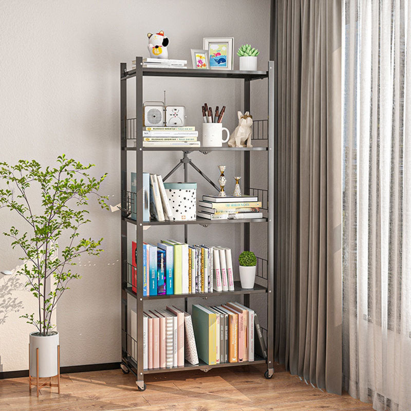 Contemporary Folding Steel Etagere Bookshelf with Caster Wheels