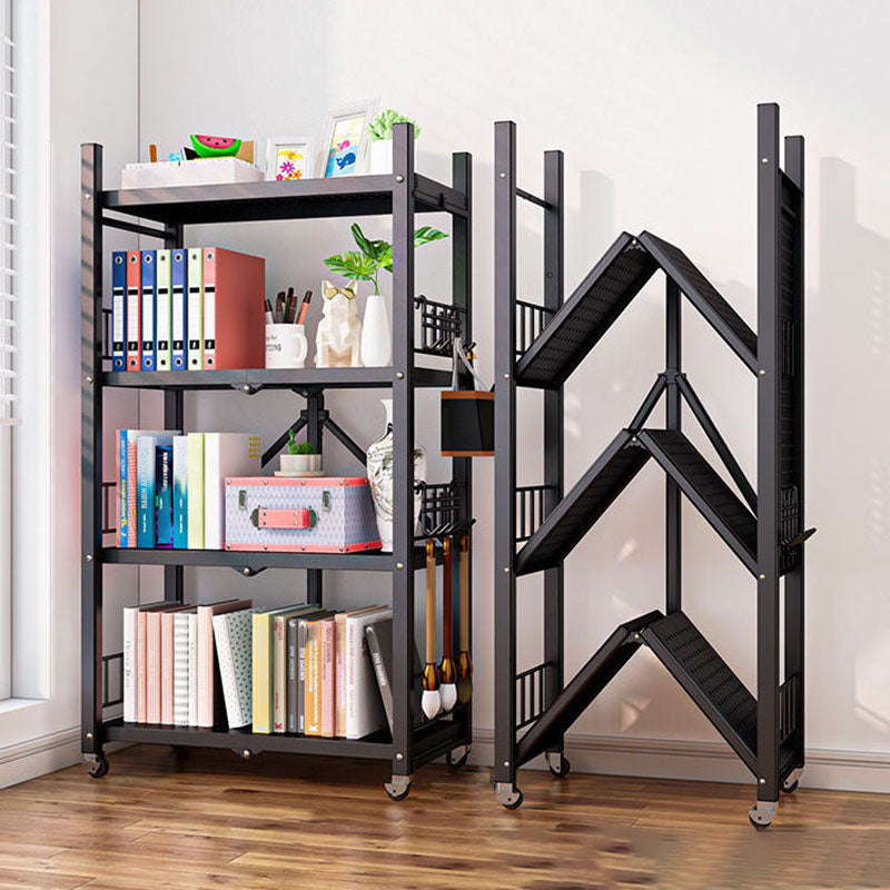 Contemporary Folding Steel Etagere Bookshelf with Caster Wheels