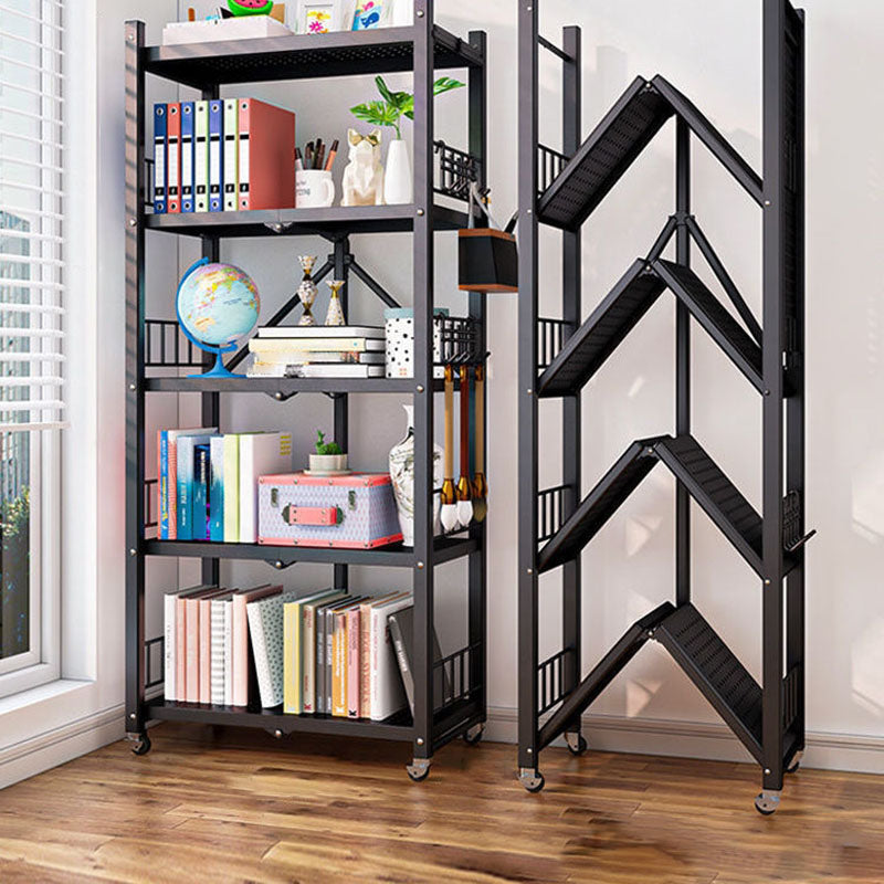 Contemporary Folding Steel Etagere Bookshelf with Caster Wheels