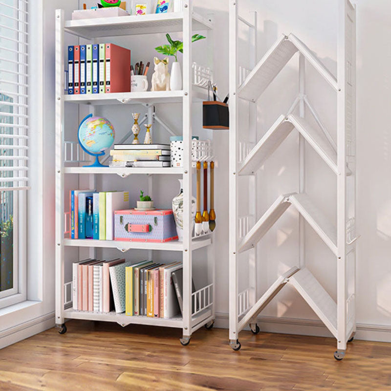 Contemporary Folding Steel Etagere Bookshelf with Caster Wheels
