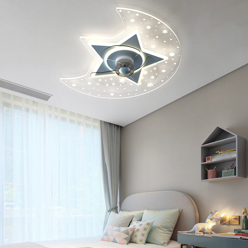 Moon Shape Metal Ceiling Fan Kid Style 3 Lights Ceiling Fan Lamp