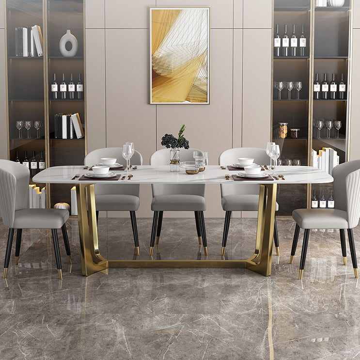 Luxury Sintered Stone Top Table Rectangle Table with Trestle Base in Gold