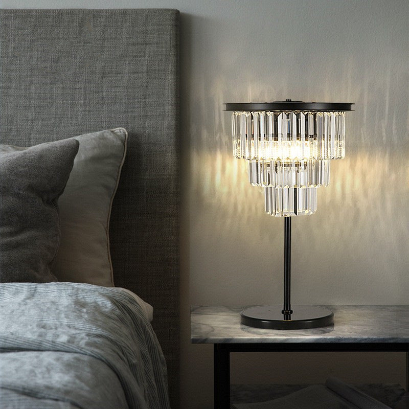 American Style Crystal Table Lamp Black 3 Lights Desk Lamp for Bedroom