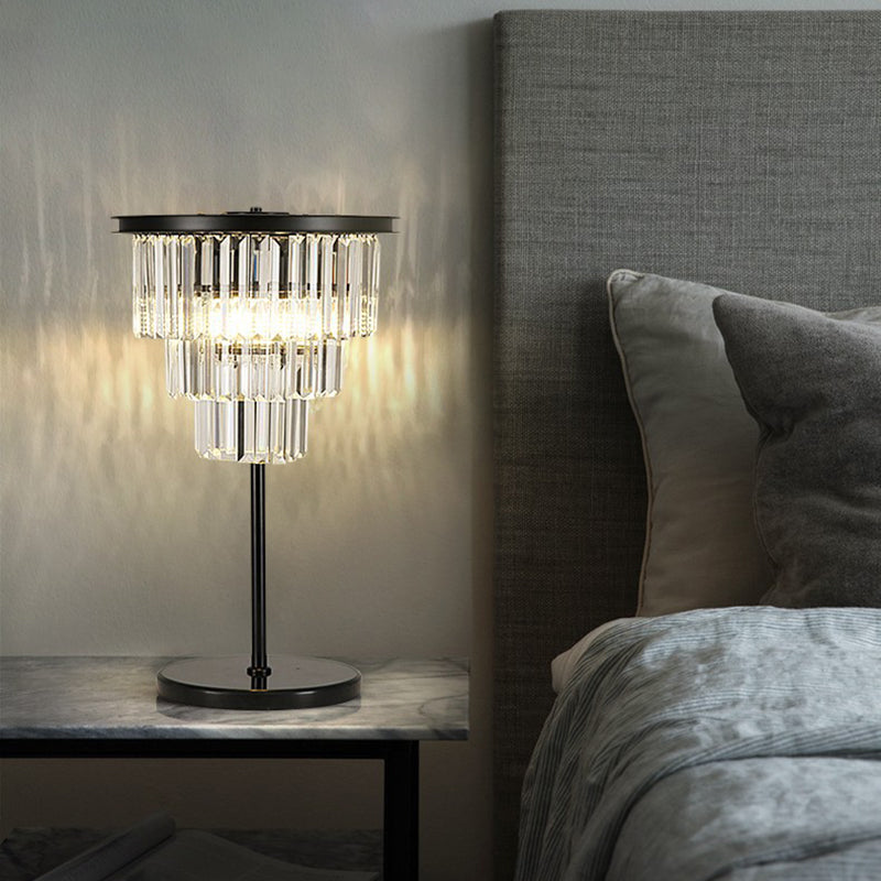 American Style Crystal Table Lamp Black 3 Lights Desk Lamp for Bedroom
