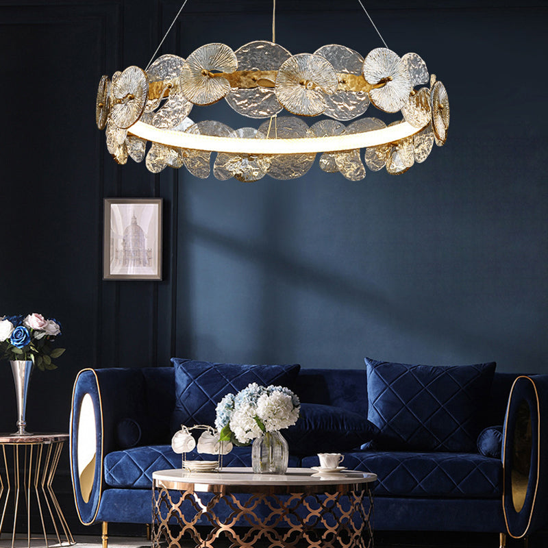 Lustre de style américain luminaire lustre en verre métallique rond en or