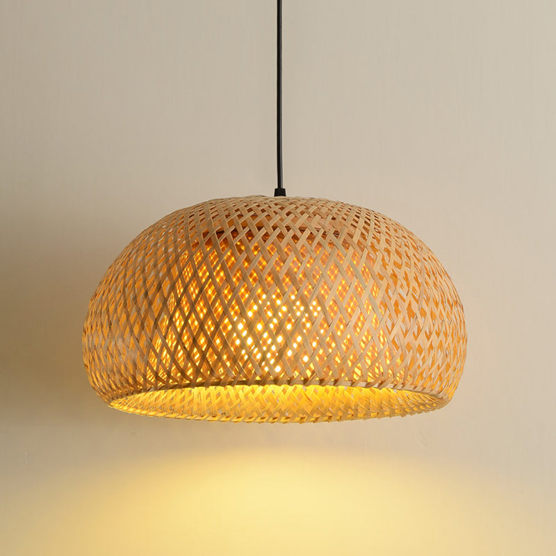 Cross-Woven Bamboo Pendant Lamp Asian Style 1 Bulb Domed Suspension Light