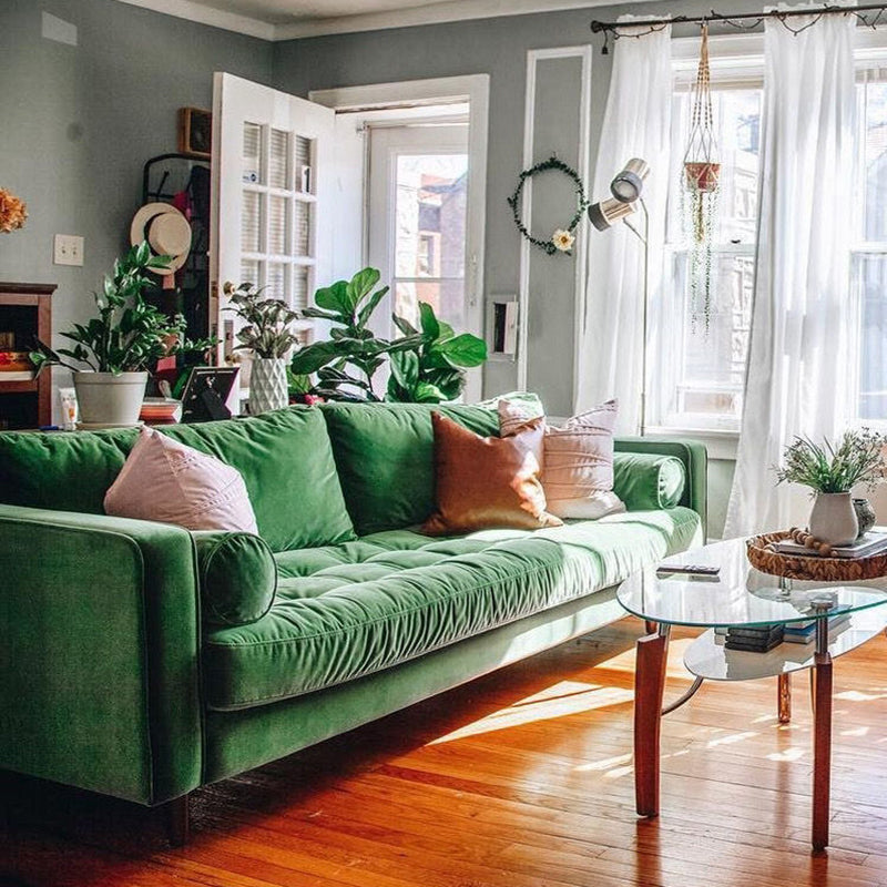 33.85"H Modern Linen/Velvet/Leather Square Arm Sofa with Bolster Pillows