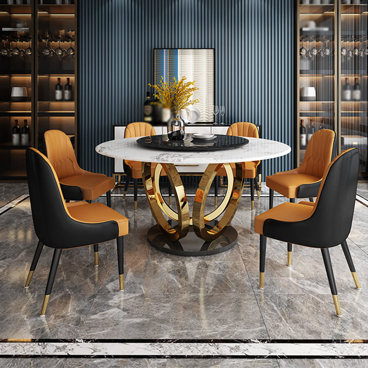 Glam 1/4/7 Pieces Round Dinette Set Sintered Stone Top Dining Table Set with Turntable