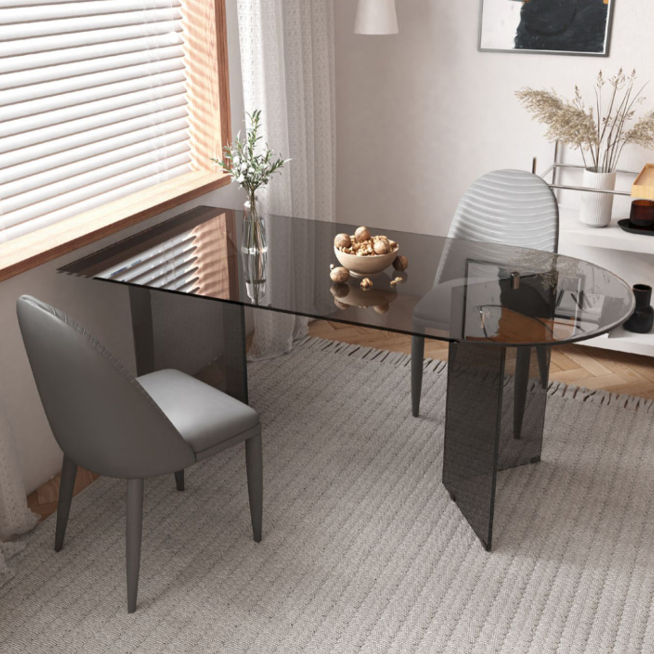 Glass Top Dining Table Modern Table with Double Pedestal Base