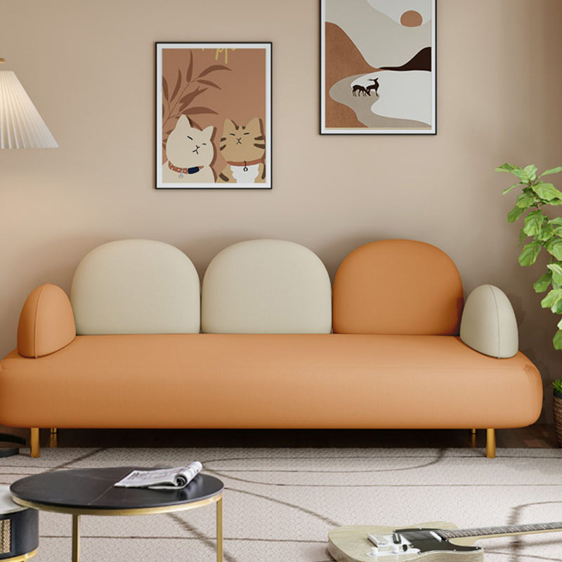 Modern Faux Leather Sofa Metal Gold Legs Recessed Arm Curved Sofa