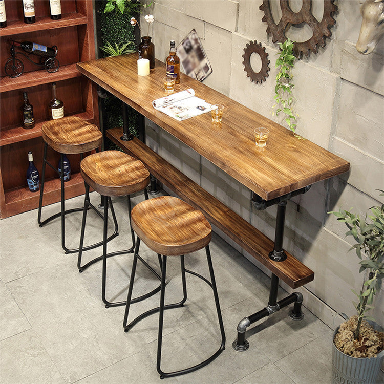 Pine Wood Bar Table Industrial Bar Dining Table with Trestle Base in Black