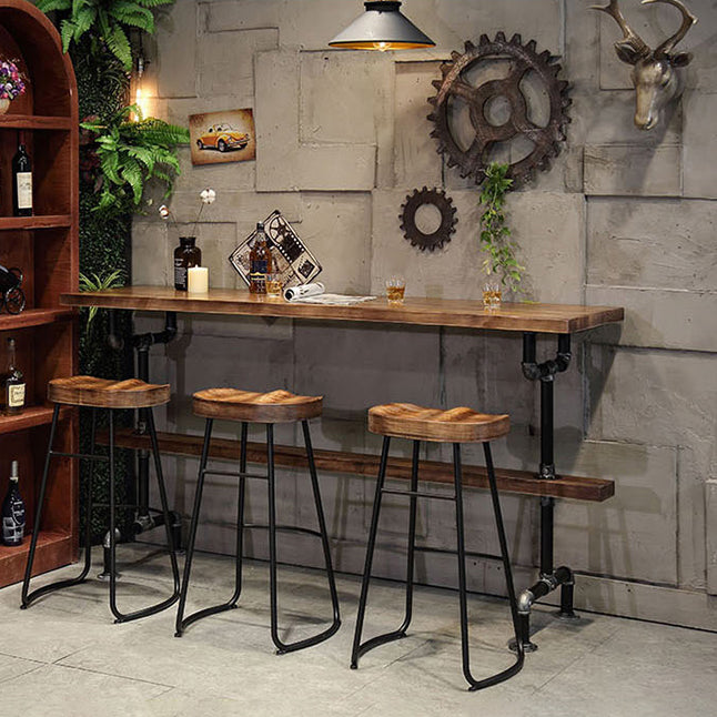 Pine Wood Bar Table Industrial Bar Dining Table with Trestle Base in Black