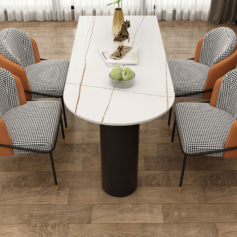 Mesa de comedor moderna de piedra y acero, mesa de comedor con pedestal doble, estructura negra