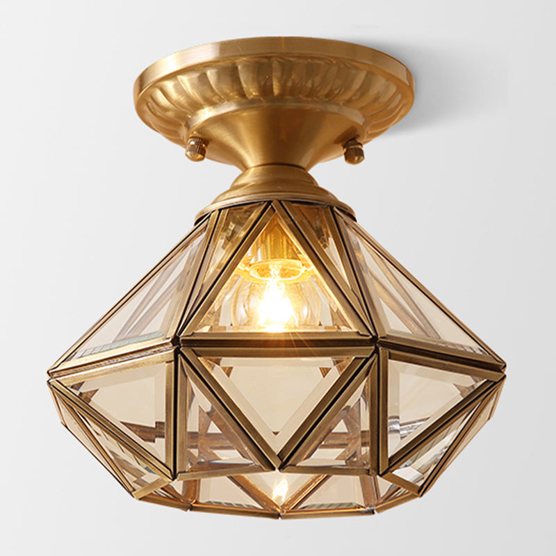 Brass Ceiling Mounted Fixture Vintage-Style Glass Shaded Semi Flush Ceiling Light