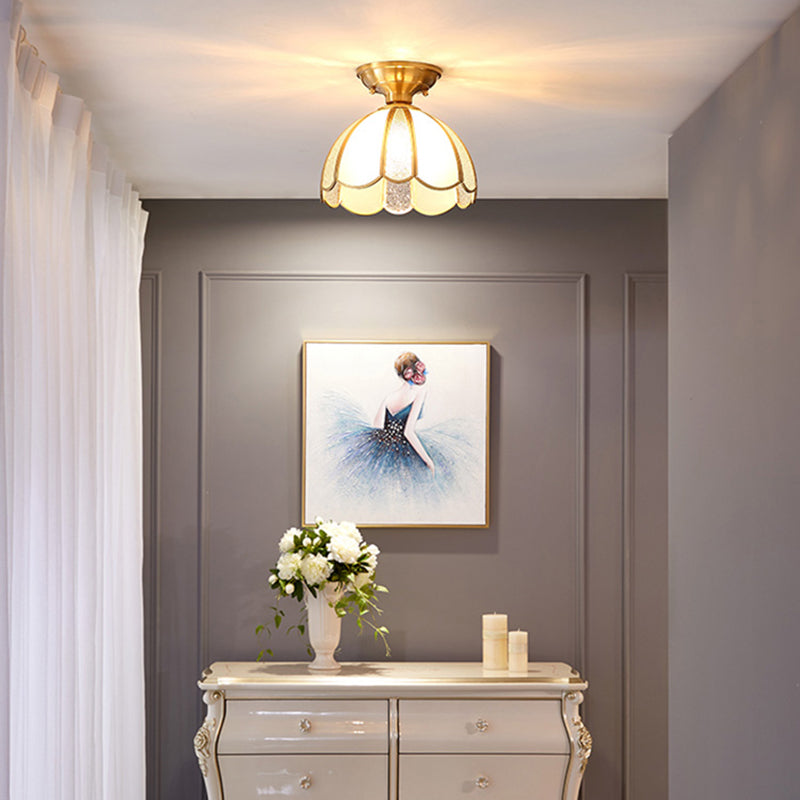 Brass Ceiling Mounted Fixture Vintage-Style Glass Shaded Semi Flush Ceiling Light
