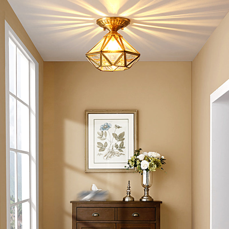 Brass Ceiling Mounted Fixture Vintage-Style Glass Shaded Semi Flush Ceiling Light