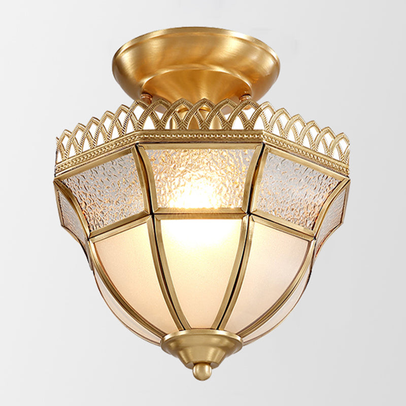 Brass Ceiling Mounted Fixture Vintage-Style Glass Shaded Semi Flush Ceiling Light