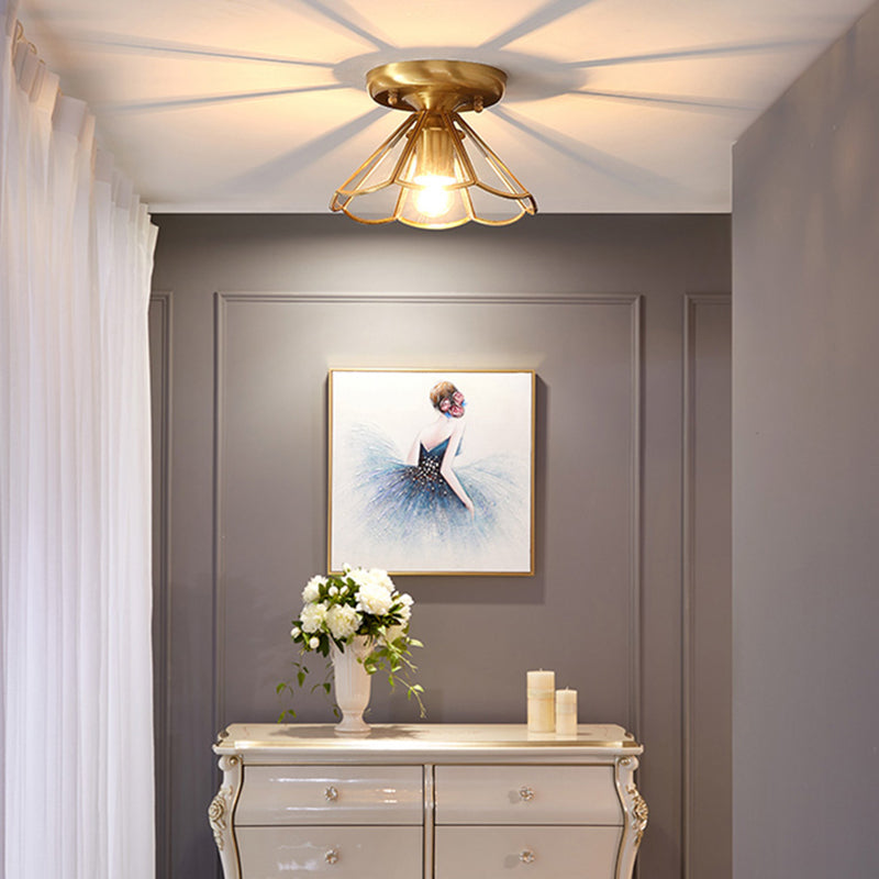 Brass Ceiling Mounted Fixture Vintage-Style Glass Shaded Semi Flush Ceiling Light