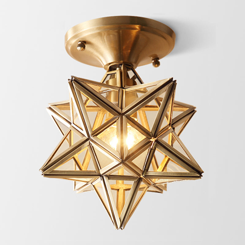 Brass Ceiling Mounted Fixture Vintage-Style Glass Shaded Semi Flush Ceiling Light