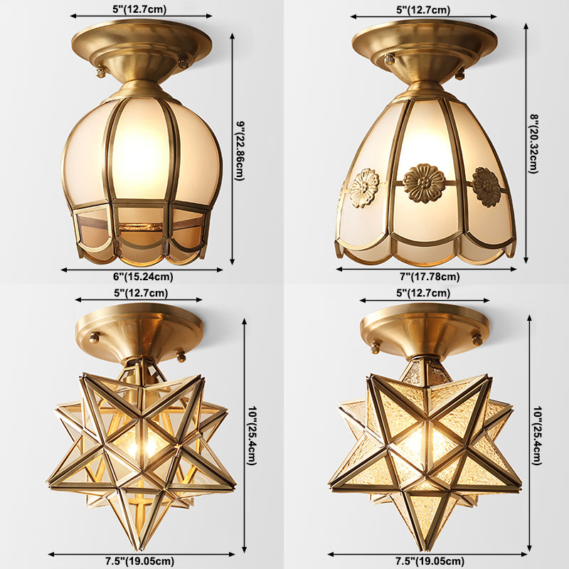 Brass Ceiling Mounted Fixture Vintage-Style Glass Shaded Semi Flush Ceiling Light